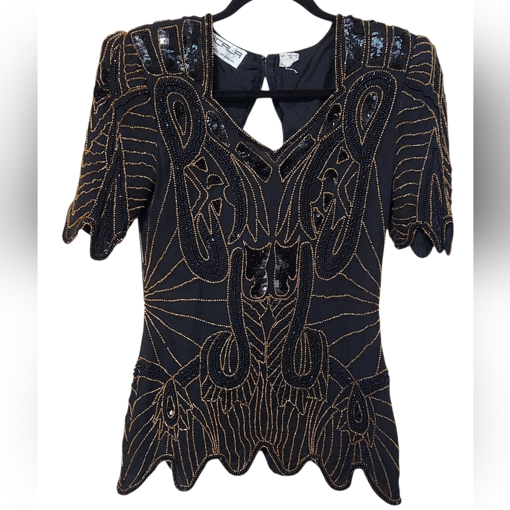 Vintage Scala Black 100% Silk Top with Sequins & Gold Beading Size PL